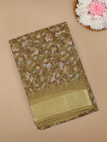 Green Floral Designed Fancy Cotton Saree - Diadem