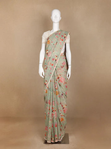 Green Floral Designed Georgette Fancy Saree - Diadem