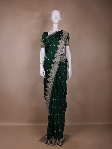 Green Floral Designed Satin Saree - Diadem