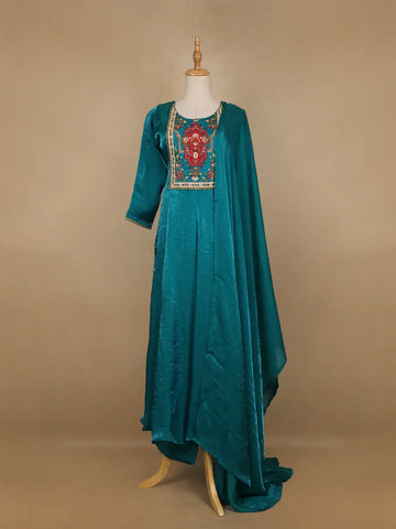 Green Floral Designed Semi Silk Anarkali Salwar Suit - Diadem