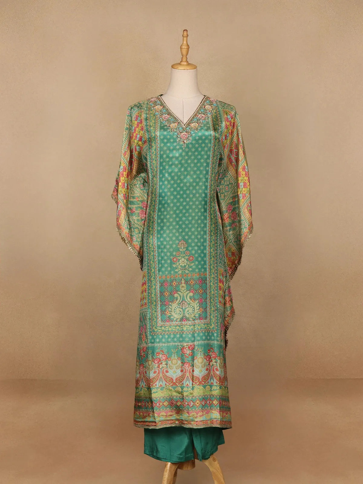 Green Floral Designed Semi Silk Kaftan Suit - Diadem