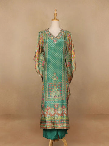 Green Floral Designed Semi Silk Kaftan Suit - Diadem