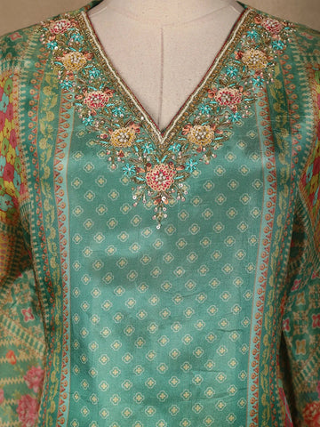 Green Floral Designed Semi Silk Kaftan Suit - Diadem
