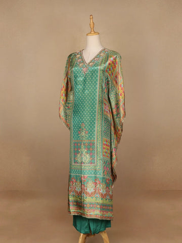 Green Floral Designed Semi Silk Kaftan Suit - Diadem