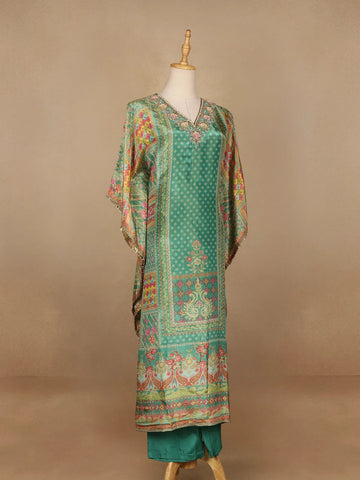 Green Floral Designed Semi Silk Kaftan Suit - Diadem