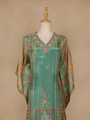 Green Floral Designed Semi Silk Kaftan Suit - Diadem
