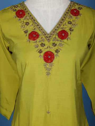 Green Floral Designed Semi Silk Salwar Suit - Diadem