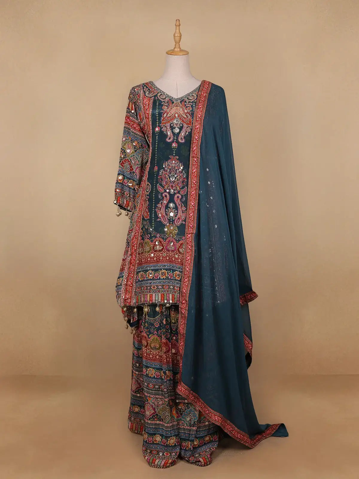 Green Floral Designed Semi Silk Sharara Salwar Suit - Diadem