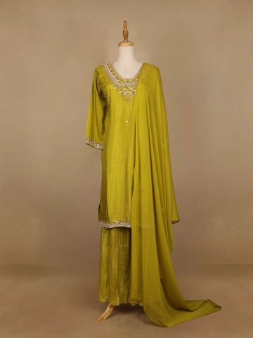 Green Floral Designed Semi Silk Sharara Salwar Suit - Diadem