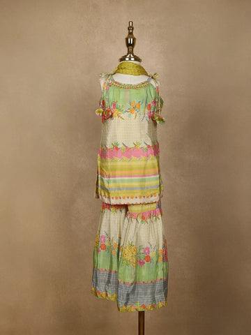 Green Floral Designed Semi Silk Sharara Suit - Diadem