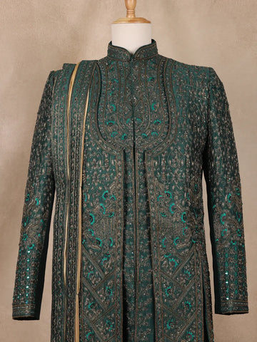 Green Floral Designed Sherwani Suit for Reception - Diadem