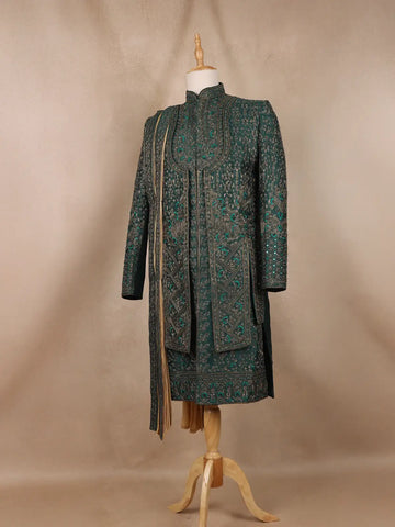 Green Floral Designed Sherwani Suit for Reception - Diadem