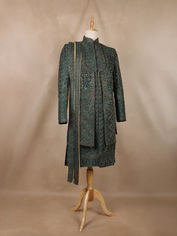Green Floral Designed Sherwani Suit for Reception - Diadem