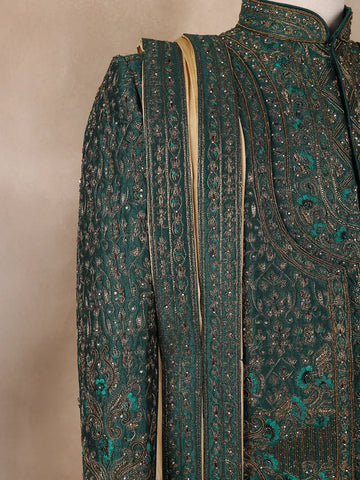 Green Floral Designed Sherwani Suit for Reception - Diadem