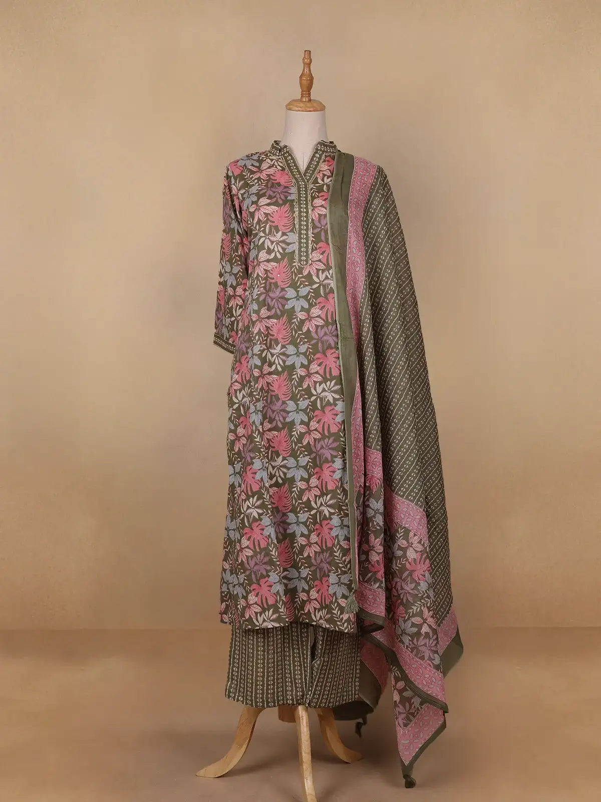 Green Floral Designed Cotton Salwar Suit - Diadem