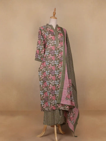 Green Floral Designed Cotton Salwar Suit - Diadem