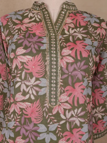 Green Floral Designed Cotton Salwar Suit - Diadem