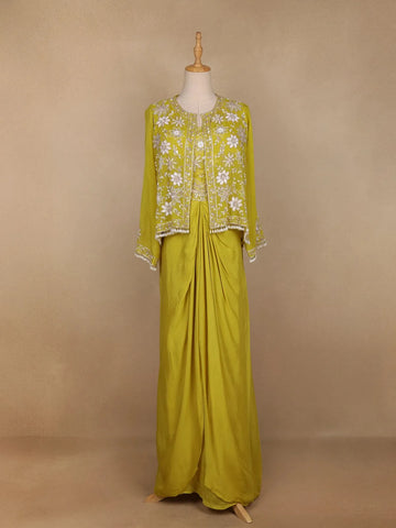 Green Floral Embroidered Crepe Bridesmaids Lehenga - Diadem