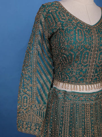 Green Floral Embroidery Bridal Net Lehenga - Diadem