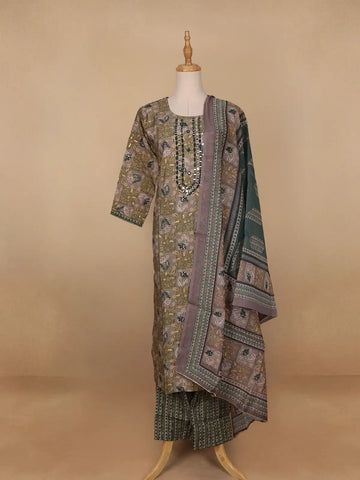 Green Floral Embroidery Semi Silk Salwar Suit - Diadem