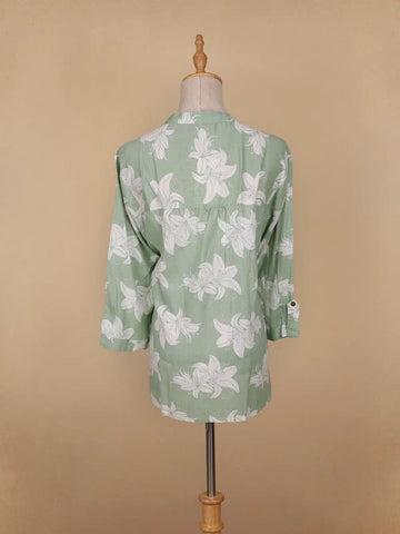 Green Floral Printed Cotton Kurti Top - Diadem