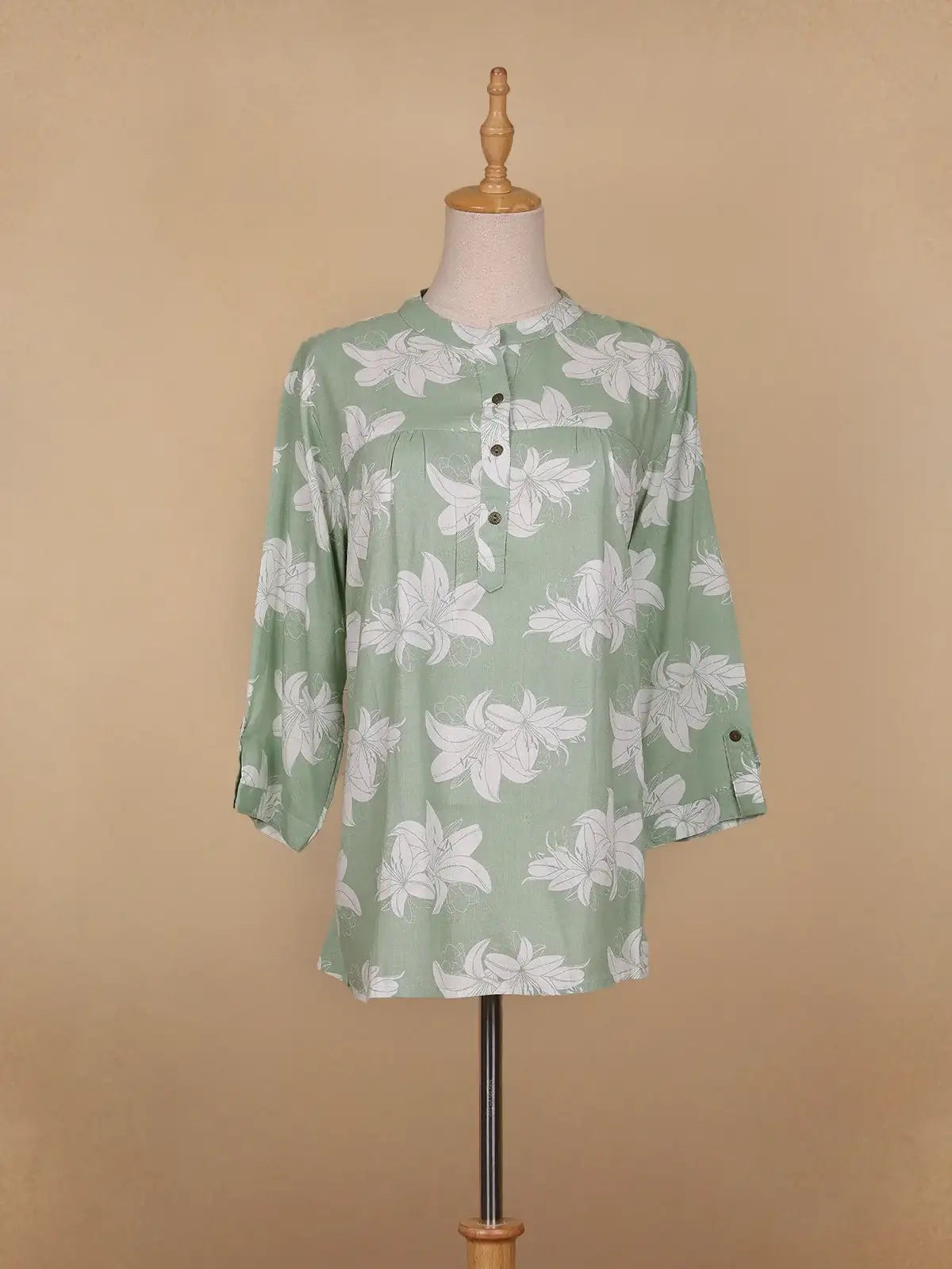 Green Floral Printed Cotton Kurti Top - Diadem