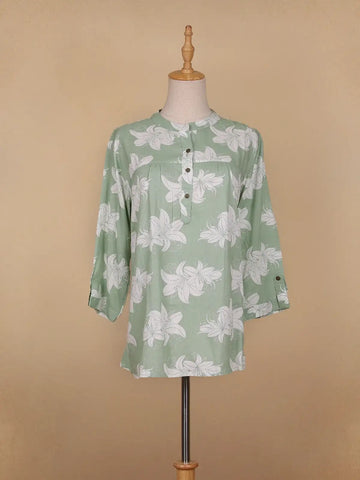 Green Floral Printed Cotton Kurti Top - Diadem