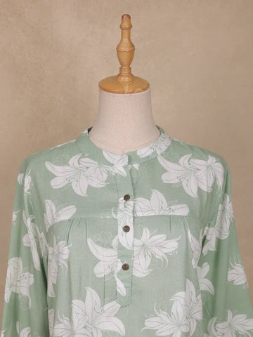 Green Floral Printed Cotton Kurti Top - Diadem