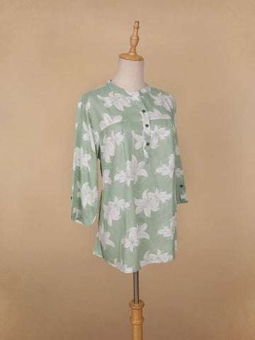 Green Floral Printed Cotton Kurti Top - Diadem