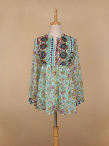 Green Floral Printed Cotton Kurti Top - Diadem