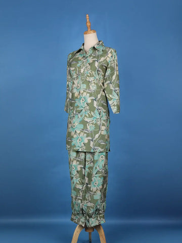 Green Floral Printed Cotton Salwar Suit - Diadem