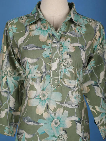 Green Floral Printed Cotton Salwar Suit - Diadem