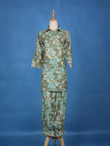 Green Floral Printed Cotton Salwar Suit - Diadem