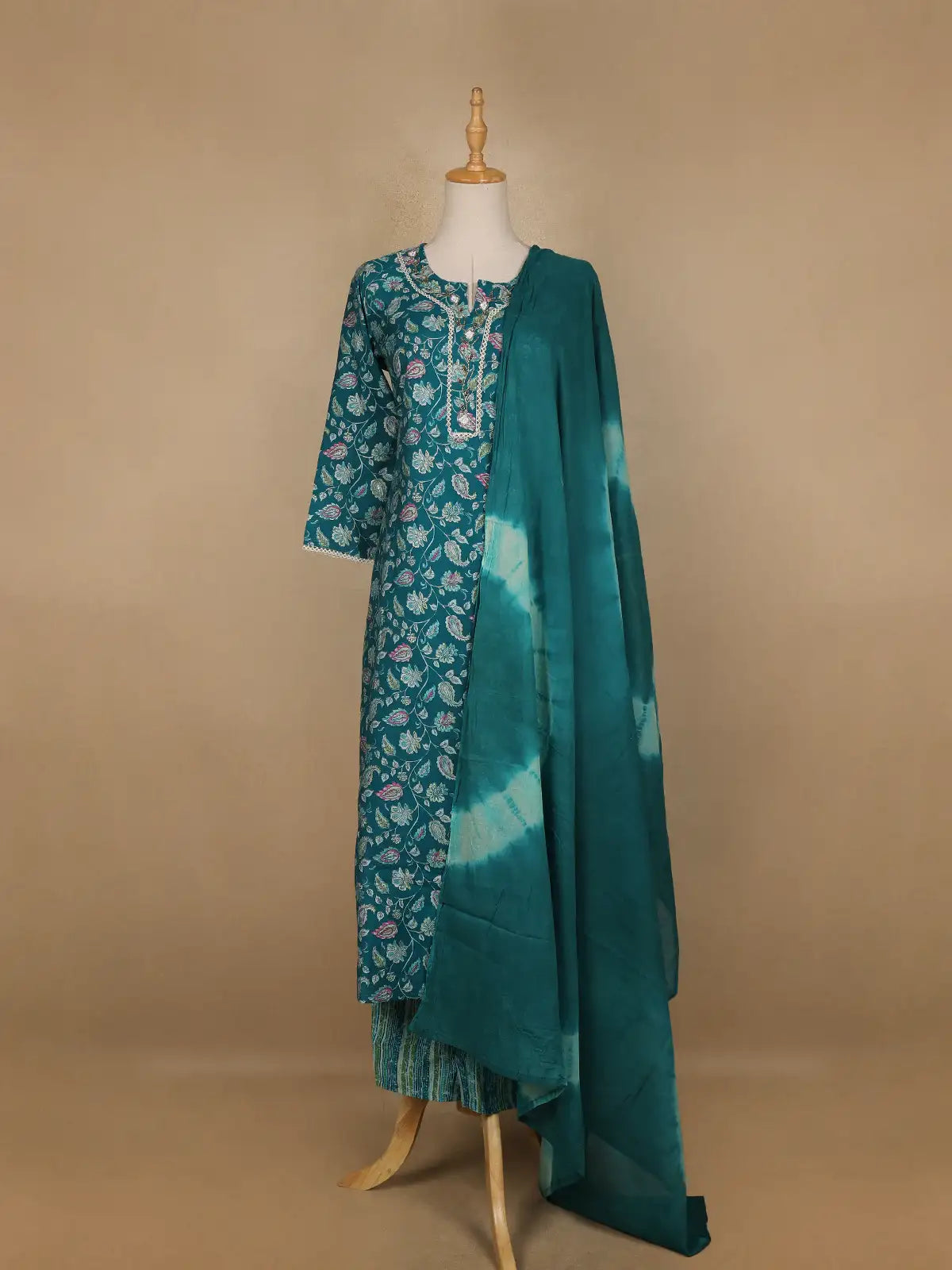 Green Floral Printed Cotton Salwar Suit - Diadem
