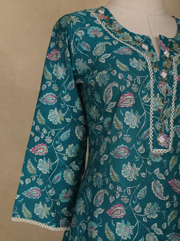 Green Floral Printed Cotton Salwar Suit - Diadem