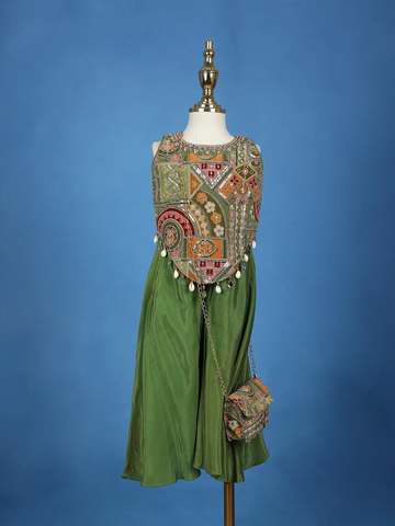 Green Floral Printed Gerogette Palazzo Salwar Suit for Girls - Diadem