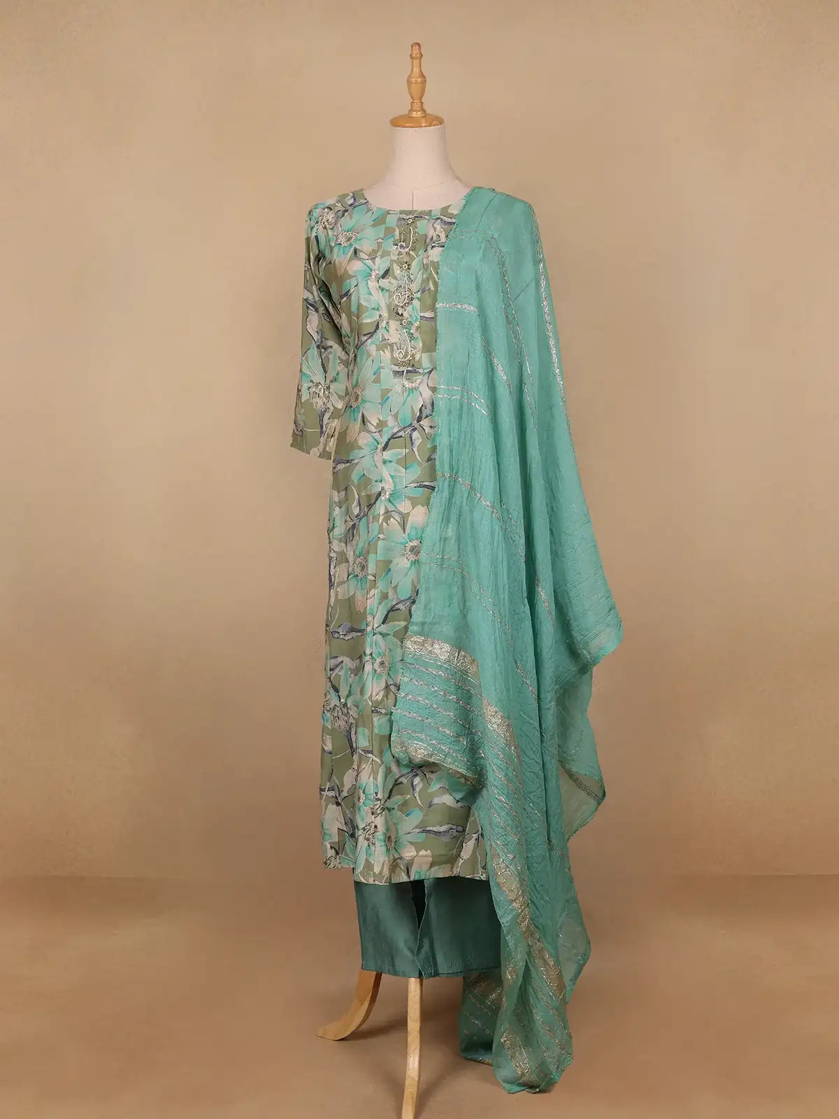 Green Floral Prints Cotton Straight Cut Salwar Suit - Diadem