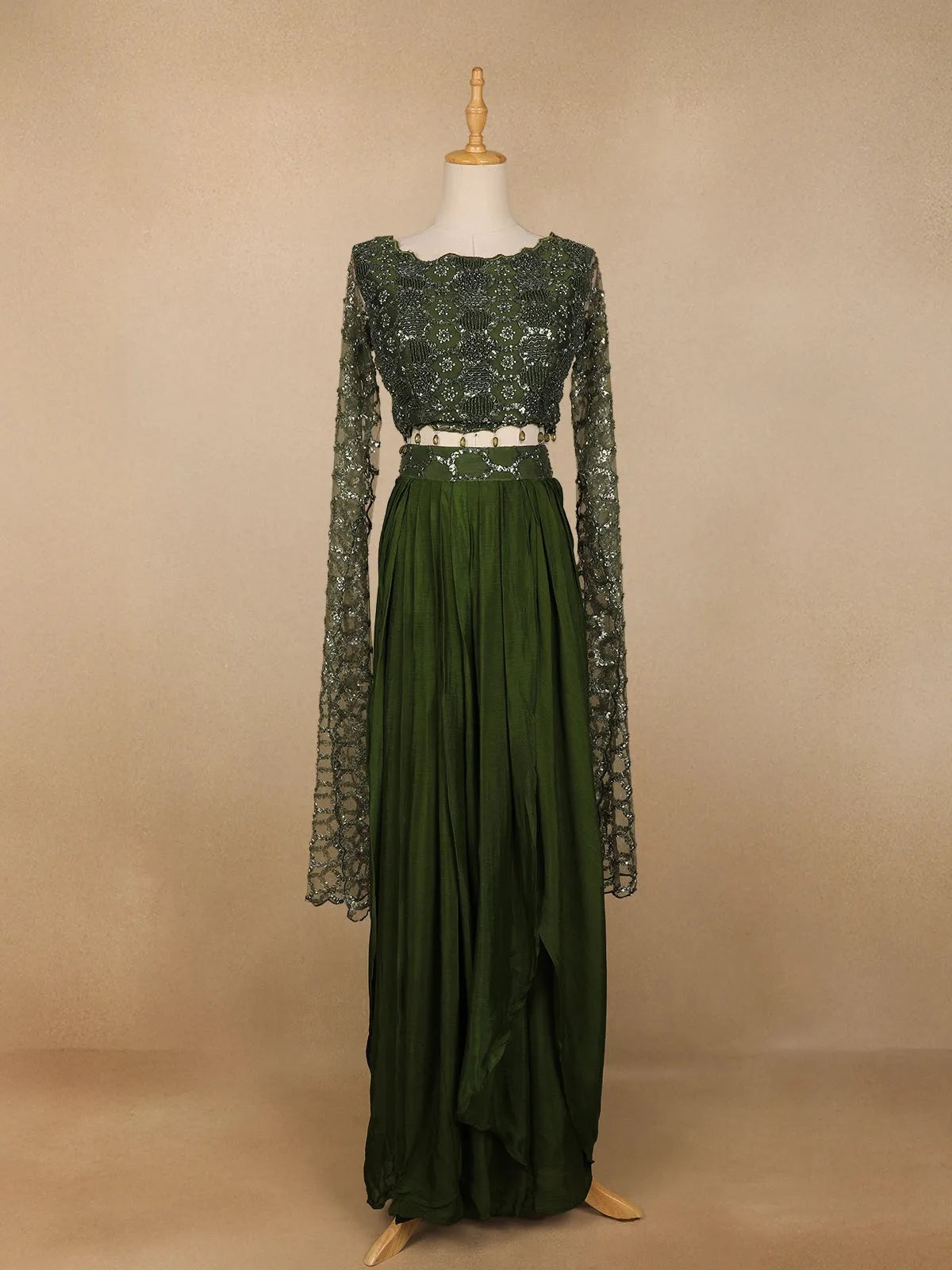 Green Net Embroidered Designed Indowestern Lehenga - Diadem
