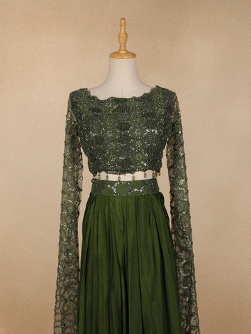 Green Net Embroidered Designed Indowestern Lehenga - Diadem