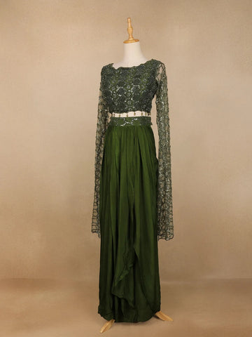 Green Net Embroidered Designed Indowestern Lehenga - Diadem