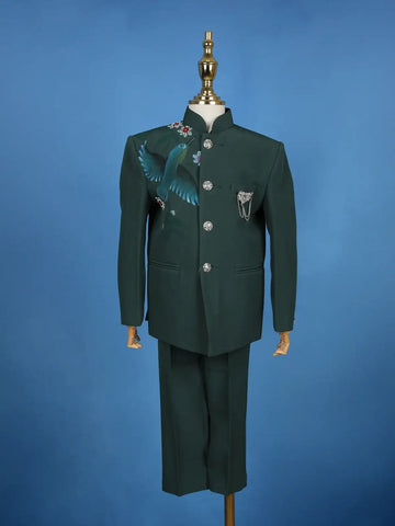 Green Pollyester Bird Printed Sherwani And Pant Set - Diadem