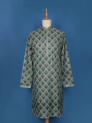 Green Sequins And Floral Embroidery Cotton Kurta Set With Pant - Diadem