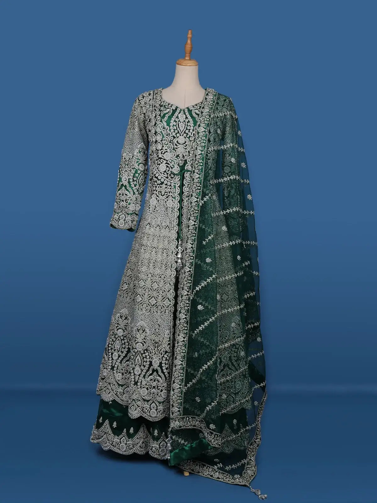 Green Stone And Floral Embroidery Net Bridesmaid Gown - Diadem