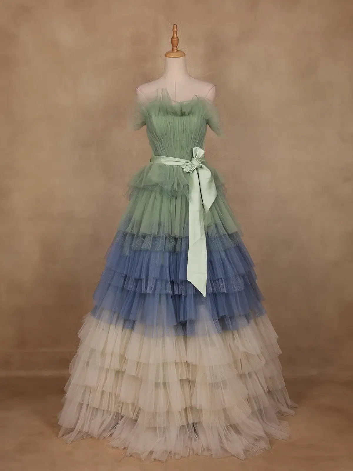 Green and Blue Ombre Tiered Ruffle Ball Gown in Tulle Net - Diadem