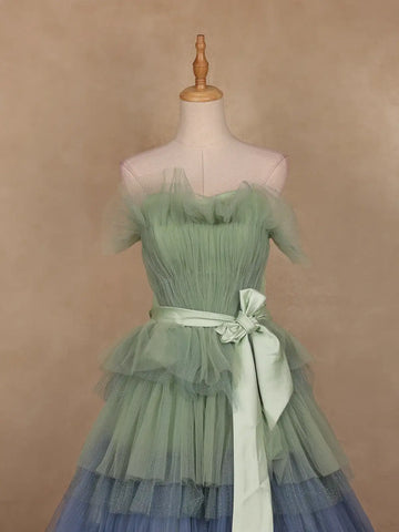 Green and Blue Ombre Tiered Ruffle Ball Gown in Tulle Net - Diadem