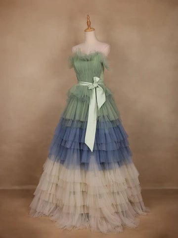 Green and Blue Ombre Tiered Ruffle Ball Gown in Tulle Net - Diadem