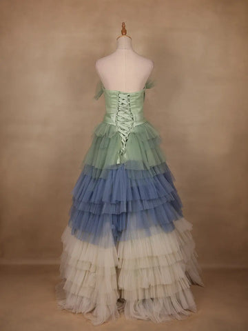 Green and Blue Ombre Tiered Ruffle Ball Gown in Tulle Net - Diadem