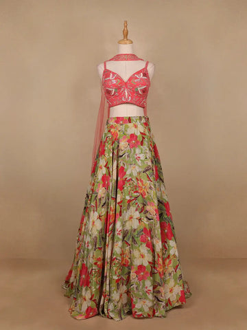 Green and Pink Floral Designed Semi Silk Bridesmaid Lehenga - Diadem