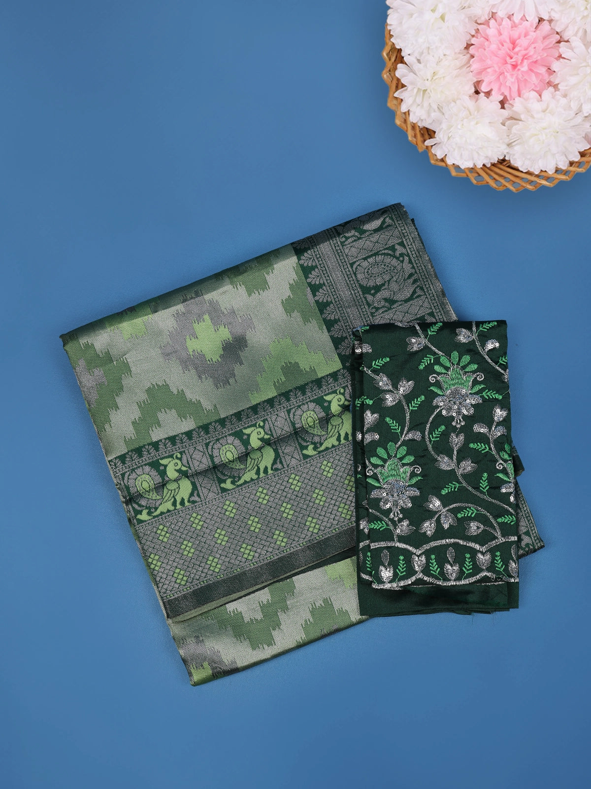 Green And Grey Ikat Design Art Silk Saree with Contrast Dark Green Embroidered Blouse