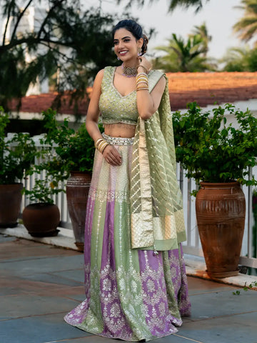 Green and Pink Floral Mirror Designed Banarasi Silk Lehenga for Bridesmaid - Diadem